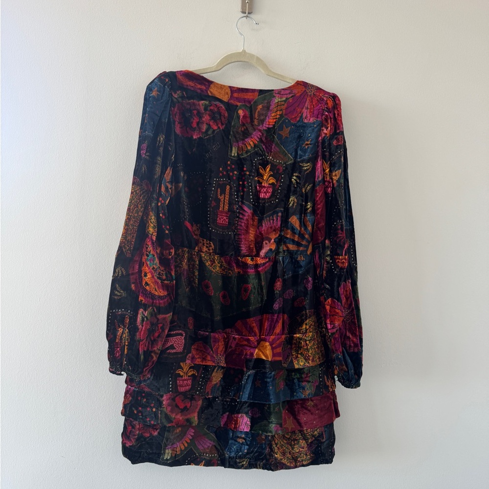 FARM RIO Velvet Colorful Printed Long Sleeve Mini Dress M - Picture 3 of 5